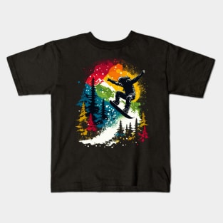 Snowboarding Snowboarder with Mountains Trees Kids T-Shirt